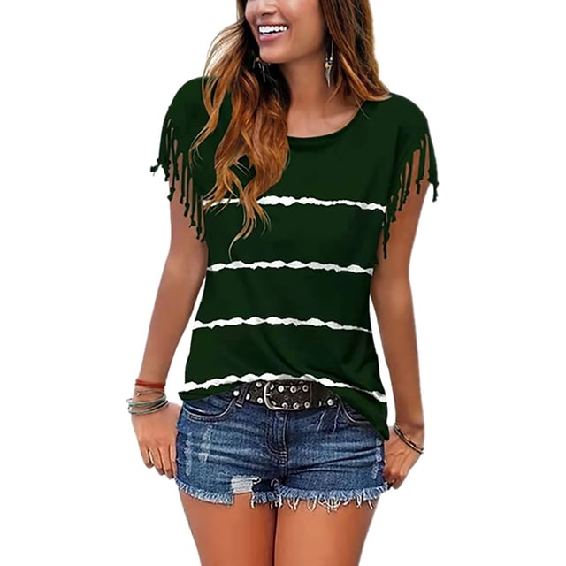 Top de manga corta para mujer, camisa de manga corta con borlas de rayas horizontales, informal, sencilla y versátil, verde oscuro S