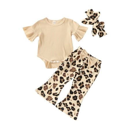

Sunisery Baby Girls Pants Set Short Sleeve Romper with Bowknot Flare Pants and Headband Summer Outfit Apricot Leopard Print 3-6 Months