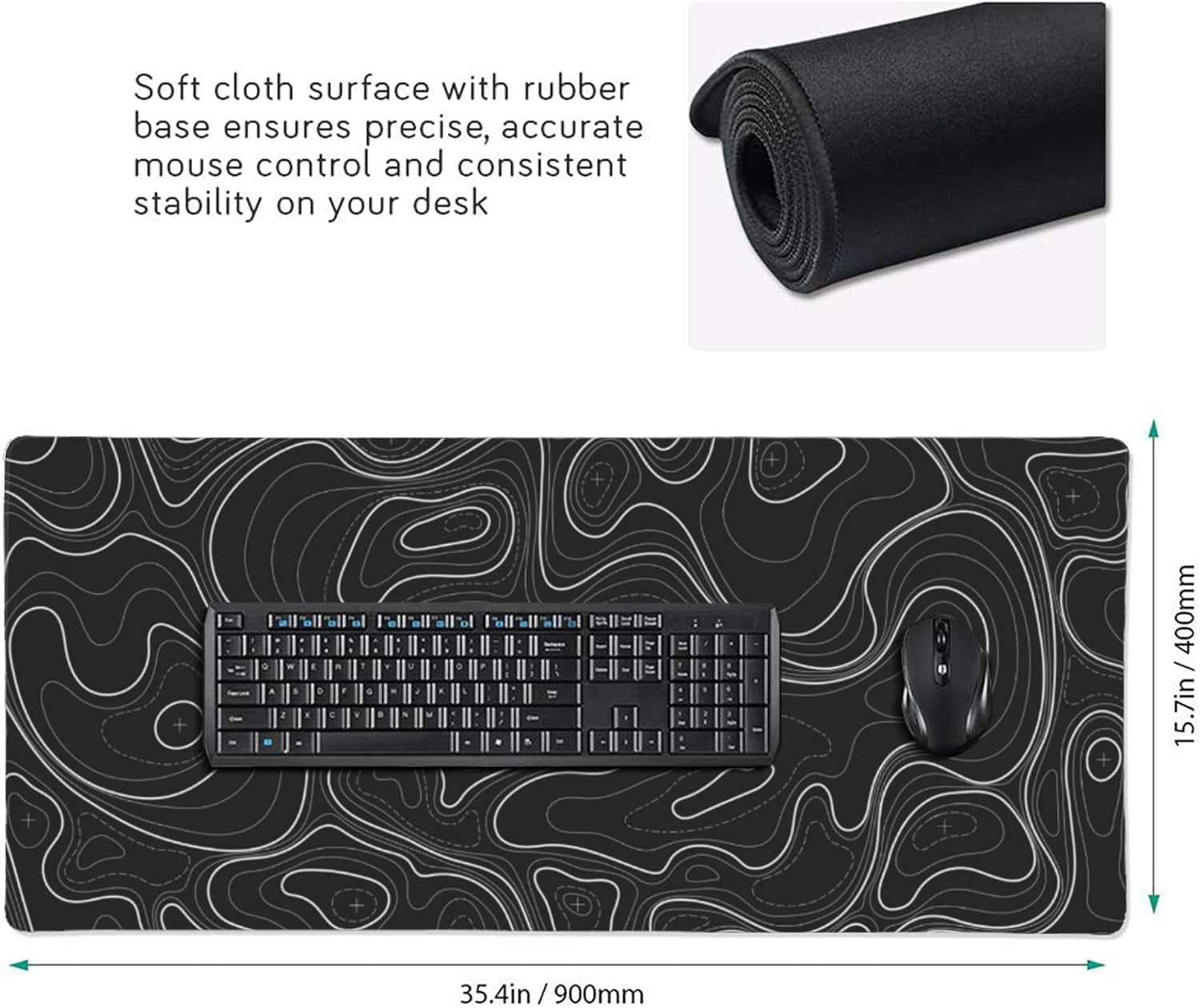 Large Gaming Mouse Pad Black Topographic Contour Mouse Pad with Stitched Edges & Nonslip Rubber Base Extended XXL Long Mousepad Big Desk Mat for Company Office Work, 35.4 x 15.7 in