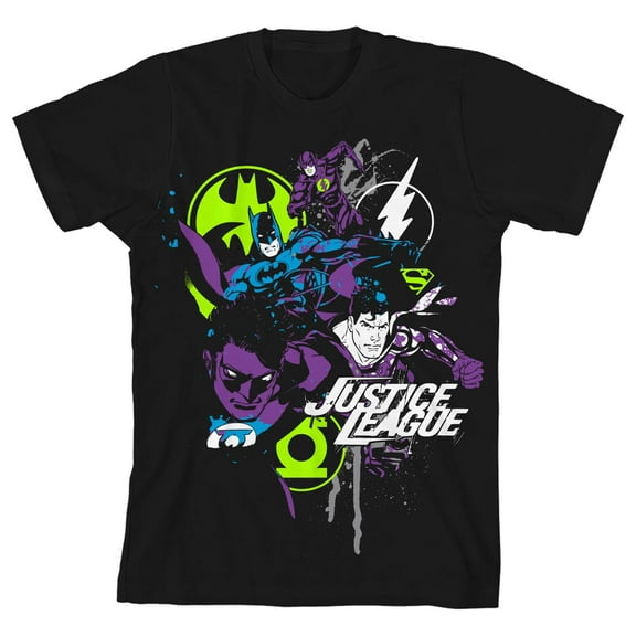 Justice League Splatter Art Boy's Black T-shirt-Medium