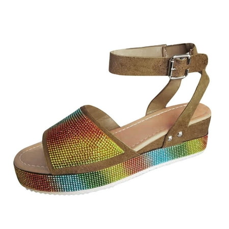 

Alueeu ladies shoes casual Womens Summer Wedgr Crystal Rhinestone Buckle Strap Sandals Outdoor Shoes Multicolor 39