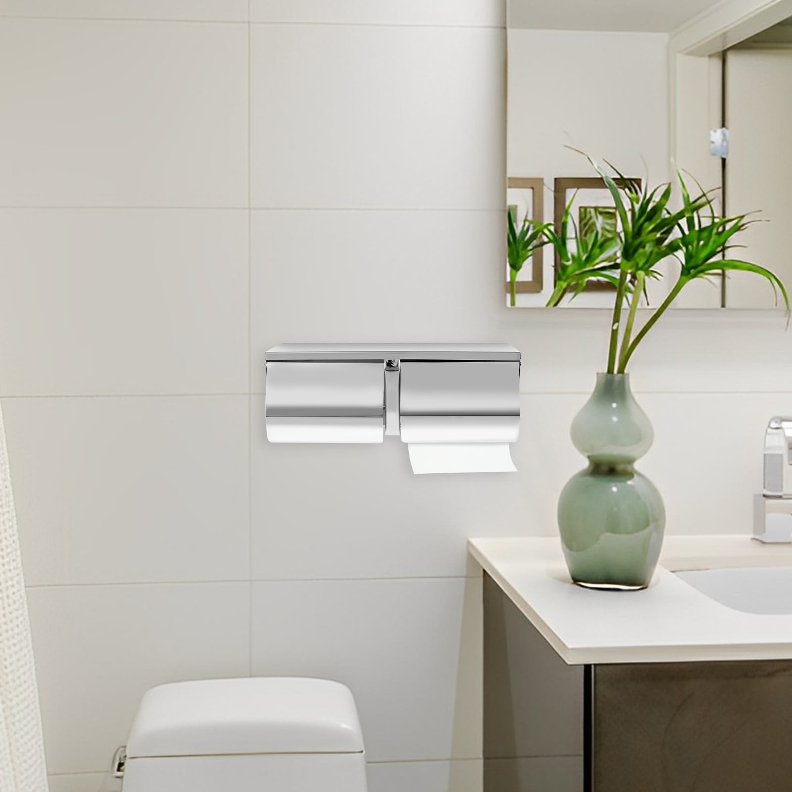 Double Roll Toilet Paper Holder Dispenser Toilet Paper Dispenser Wall Mount, Double (2 Roll) Locking Toilet Paper Holder Compact Two Roll, Side by Side Design Tissue Paper Dispenser