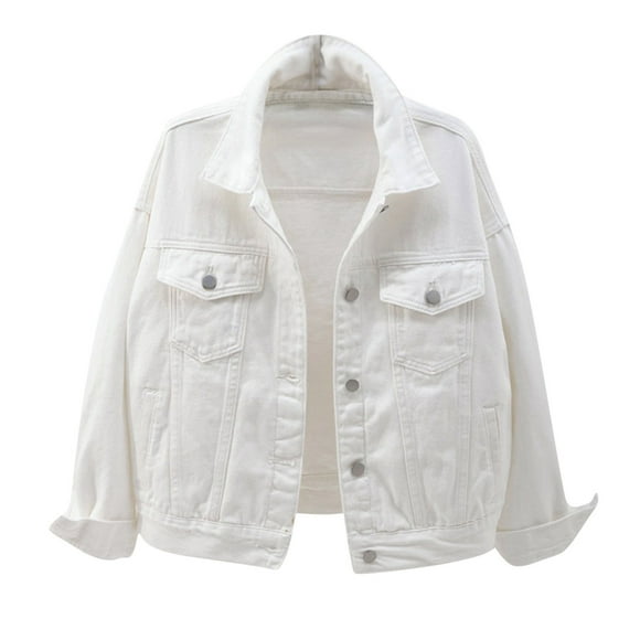 HANXIULIN Womens Solid Color Denim Jacket Relaxed Fit Casual Jean Trucker Jacket Button Coat White L