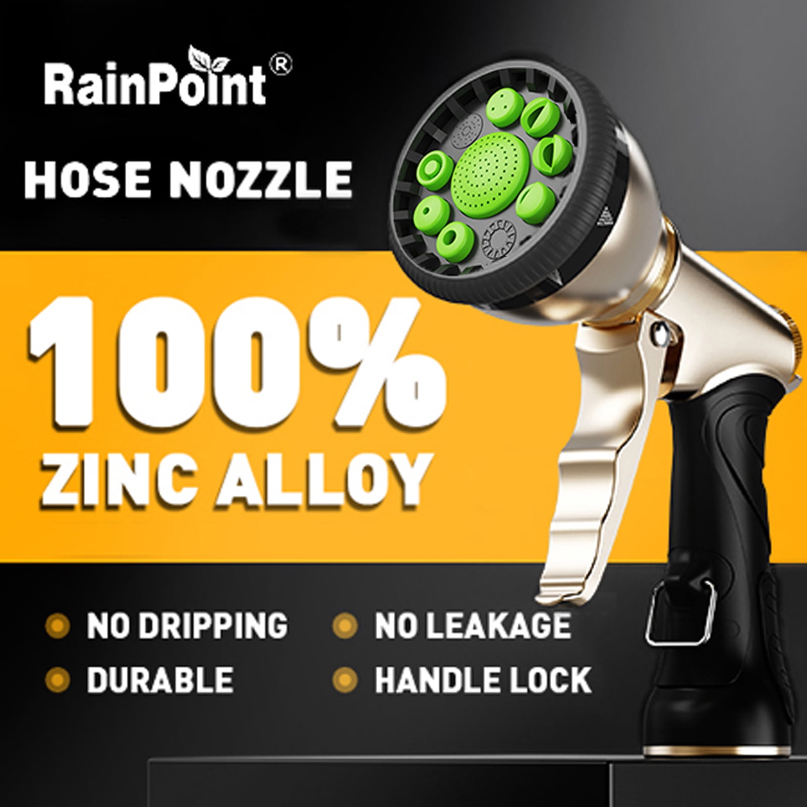RainPoint Garden Hose Nozzle Sprayer Heavy Duty 9-Pattern Watering Nozzle,Green