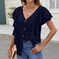 thumbnail image 6 of safuny Women's Trendy Loose Basic Tops Solid Tops Ruffle Sleeve Tees Notch Neck Shirts Elegant Casual Vintage Clothing Fashion Summer Navy XL, 6 of 8