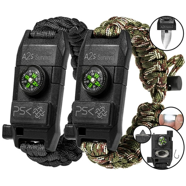PSK Paracord Bracelet 8-in-1 Personal Survival Kit Urban & Outdoors w/ Survival Knife, Fire Starter, Glass Breaker, Survival Whistle, Signal Fishing Hook & String, Compass (Black/ Green Camo)