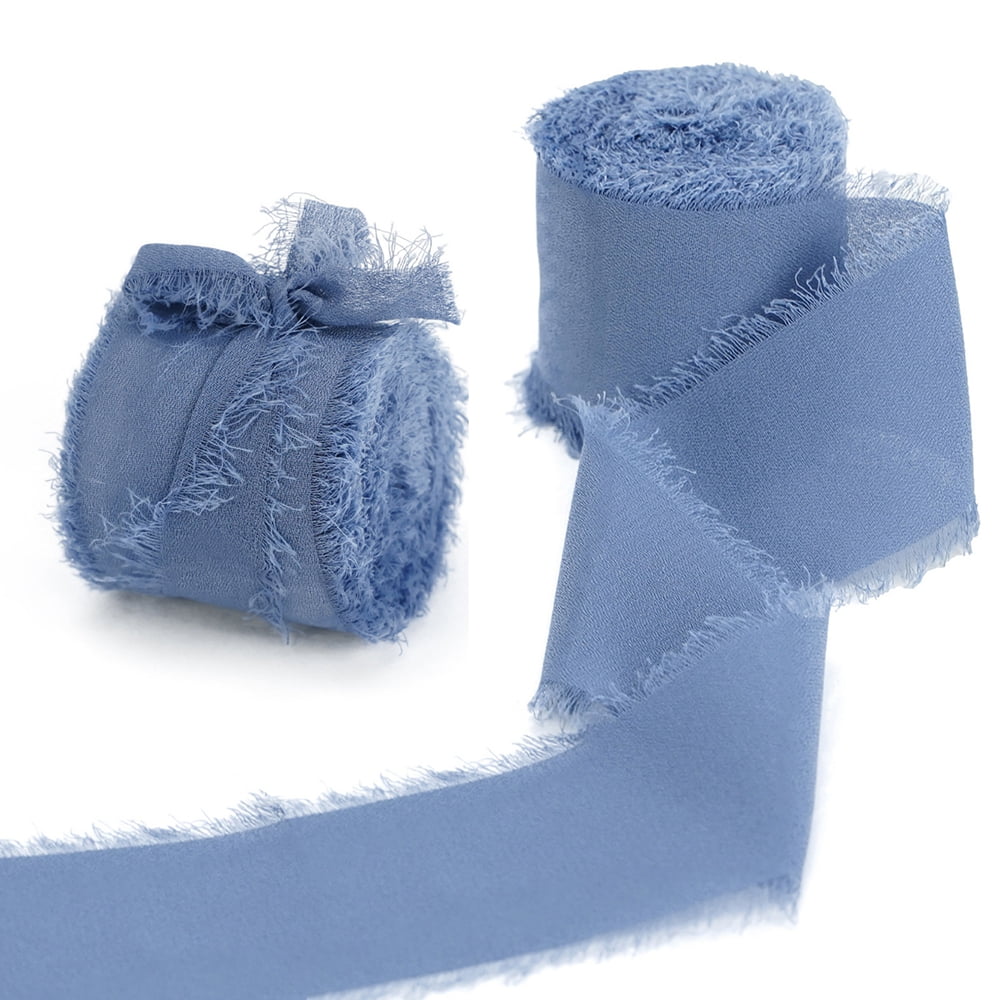 SHUNSTONE Mixed Blue Chiffon Ribbon Fringe Silk Ribbon 1.5 x 7Yd Dusty Blue Sky Blue Ribbon for Wedding Decoration, Gift Wrap, Baby Shower Greeting