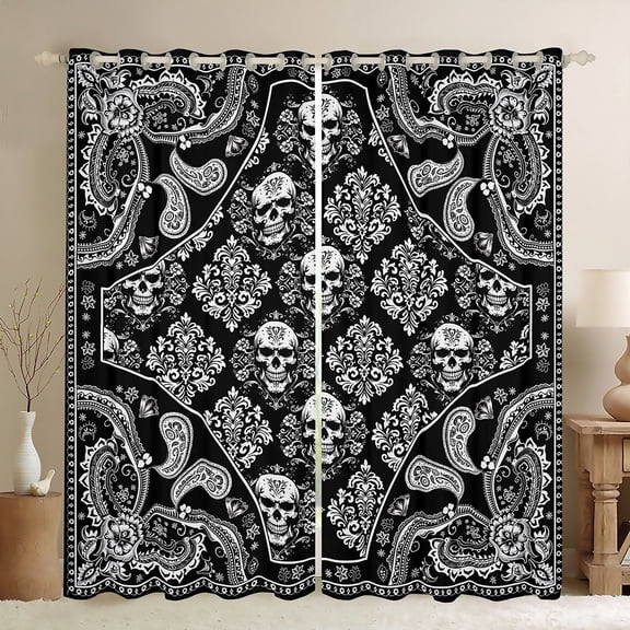 Homewish Teens Adults Gothic Skull Black Out Curtains,Bohemian Damask Paisley Curtains Pack of 2 (42x63 Each),Exotic Style Bedroom Curtains,Ultra Soft Home Decor
