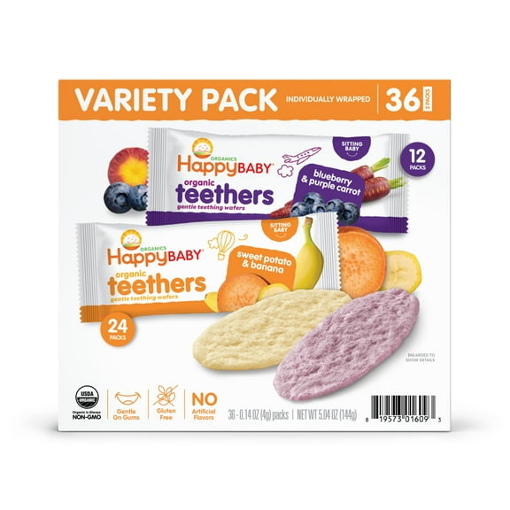 Happy Baby Organic Teethers, Sweet Potato & Banana Gluten Free Gentle Teething Wafer , 0.14 oz Packs (36 Pack)