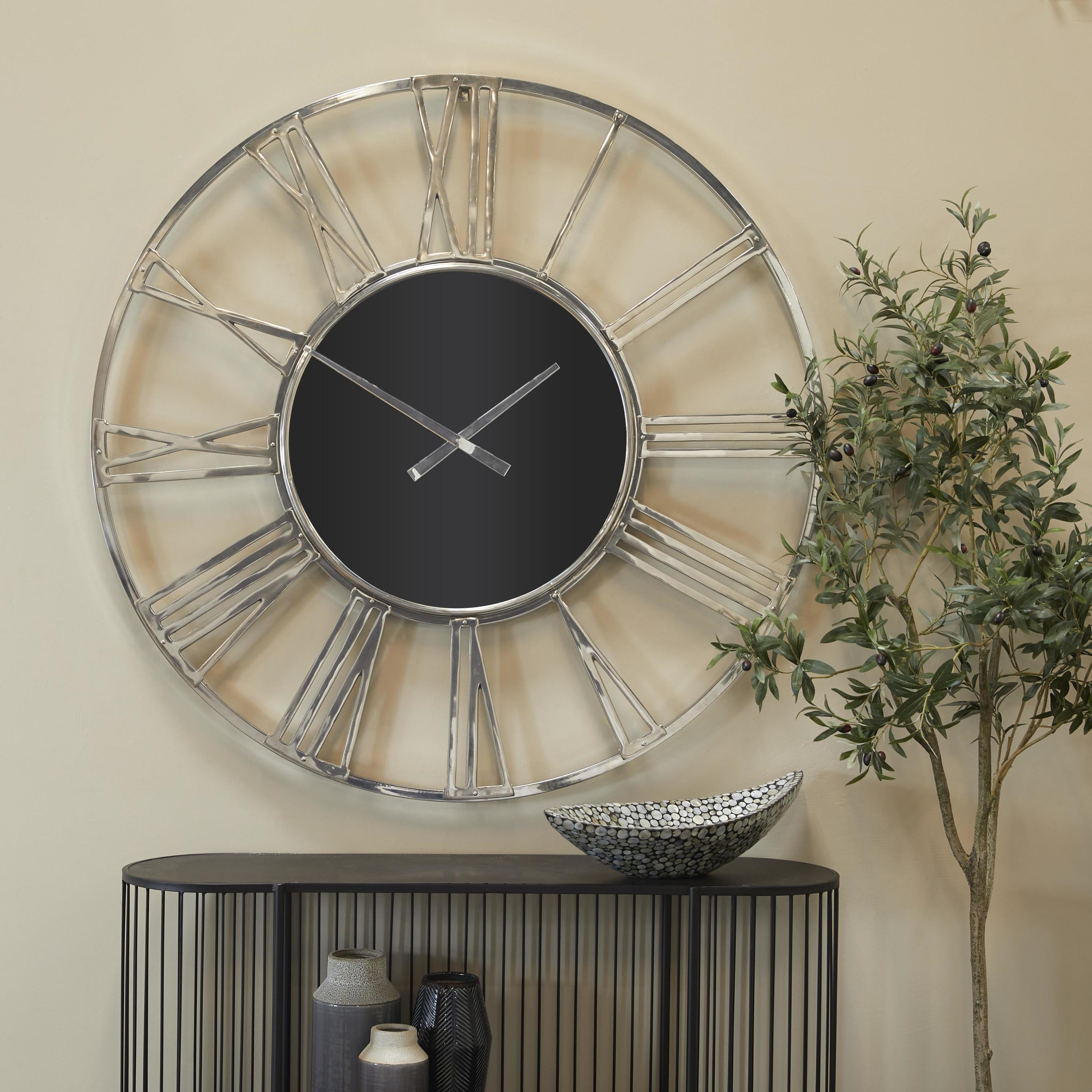 DecMode 50" Silver Aluminum Metal Geometric Open Frame Wall Clock with Black Glass Center