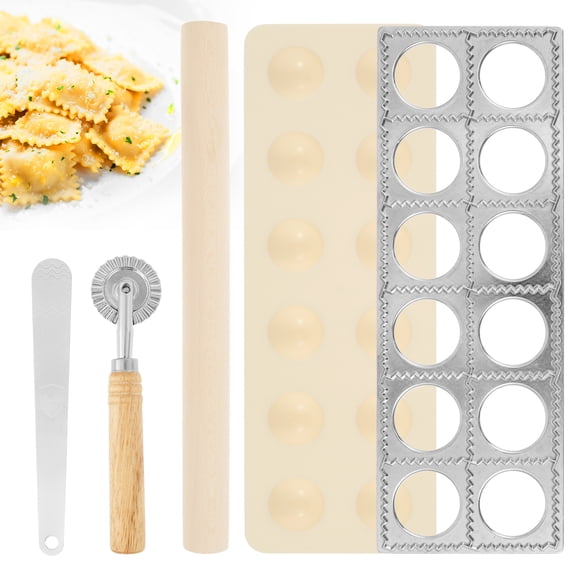 Sutowe Ravioli Mold Set Multifuncational Ravioli Maker Easy to Use Dumpling Making Kit with Wood Rolling Pin Pastry Cutter Wheel and Spoon for Home Cooking