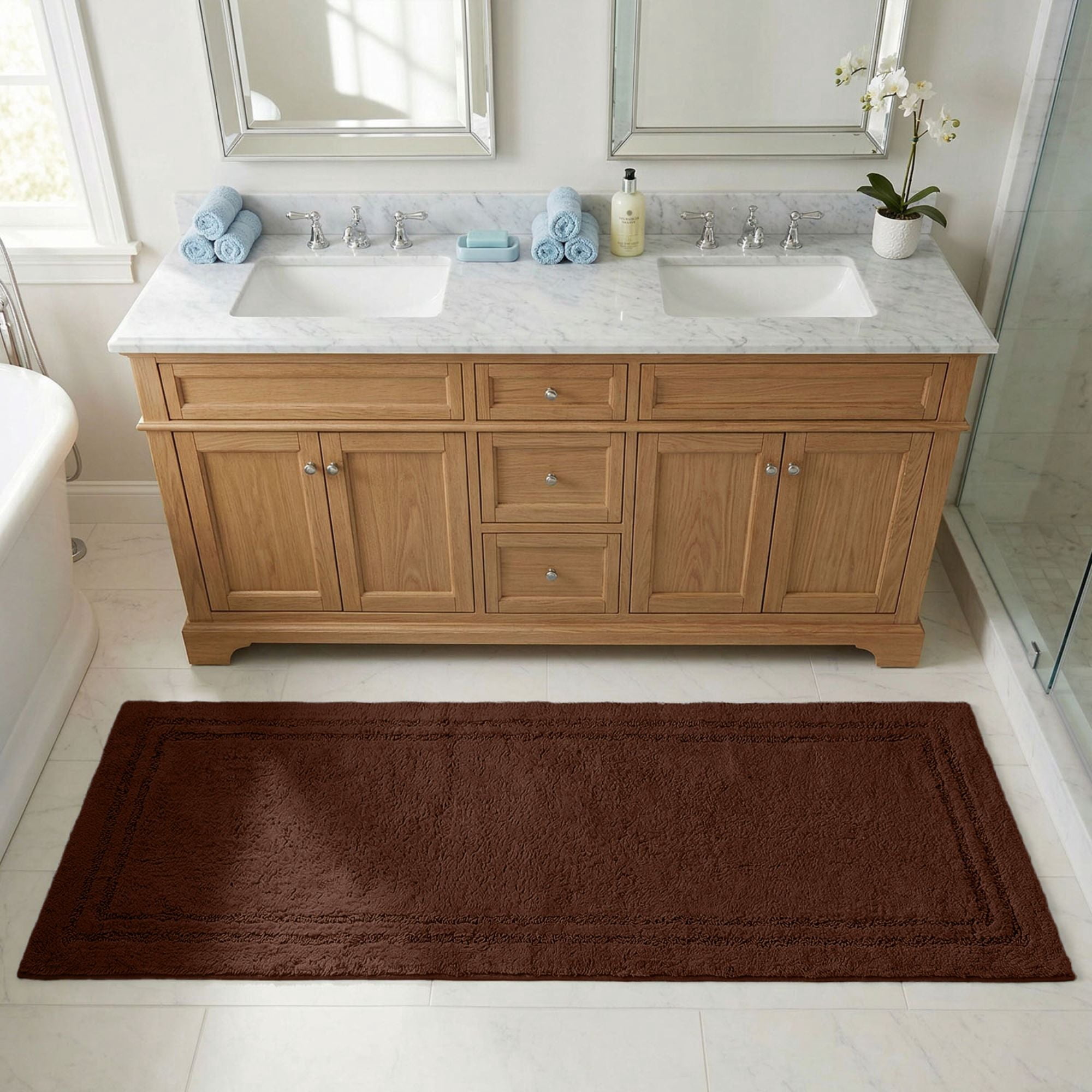 Superior Solid Bordered Cotton Washable Non-Slip Bath Rug, Runner Size, Chocolate