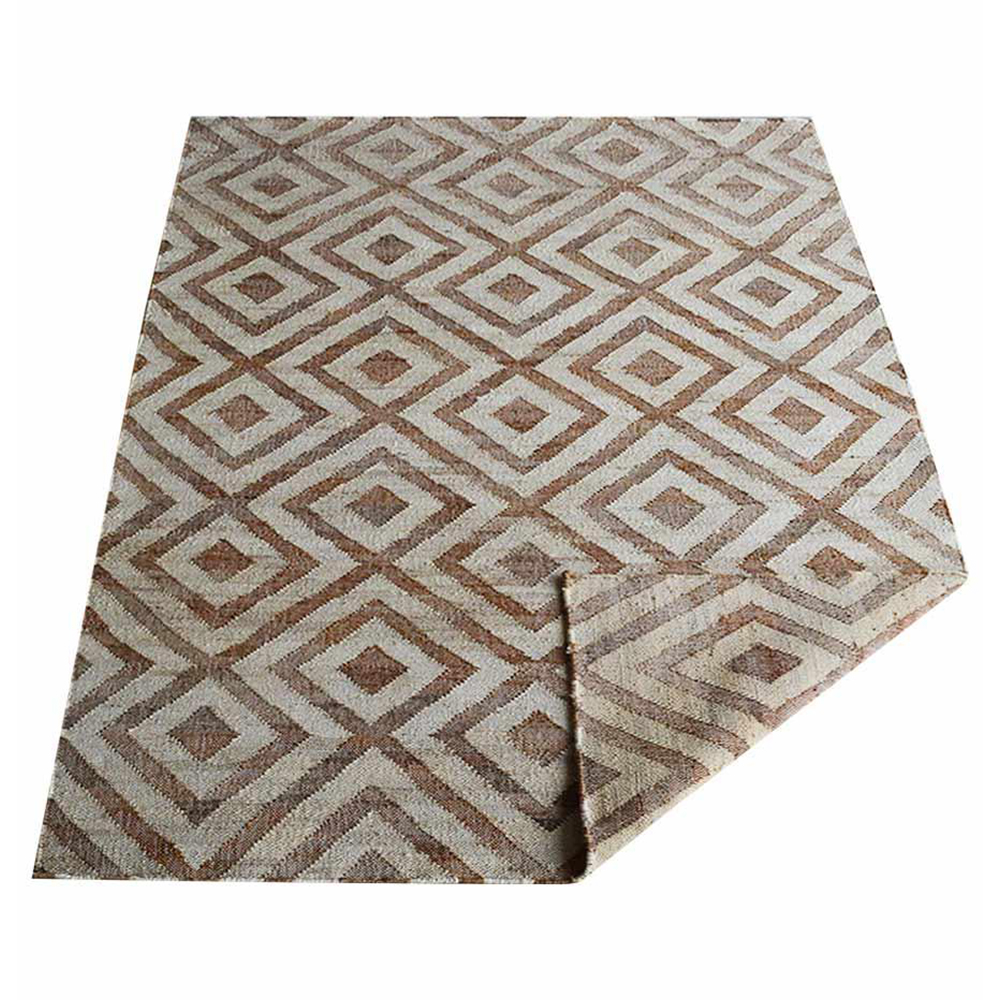 HAND WOVEN FLAT WEAVE KILIM JUTE ECO-FRIENDLY AREA RUGS - 6'x9', Rectangle Shape, White Beige Color, Geometric Pattern, High Pile, Natural Fiber, Handmade Area Rugs for Living Room (J00028)
