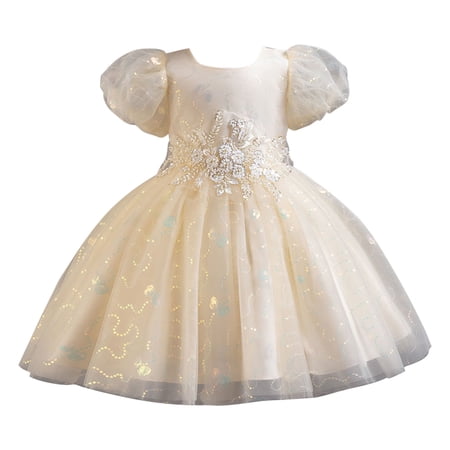 Efsteb Girls Tulle Flower Princess Wedding Dress Birthday Party Dresses Wedding Bridesmaid Ball Gown (Beige 12-13 Years)