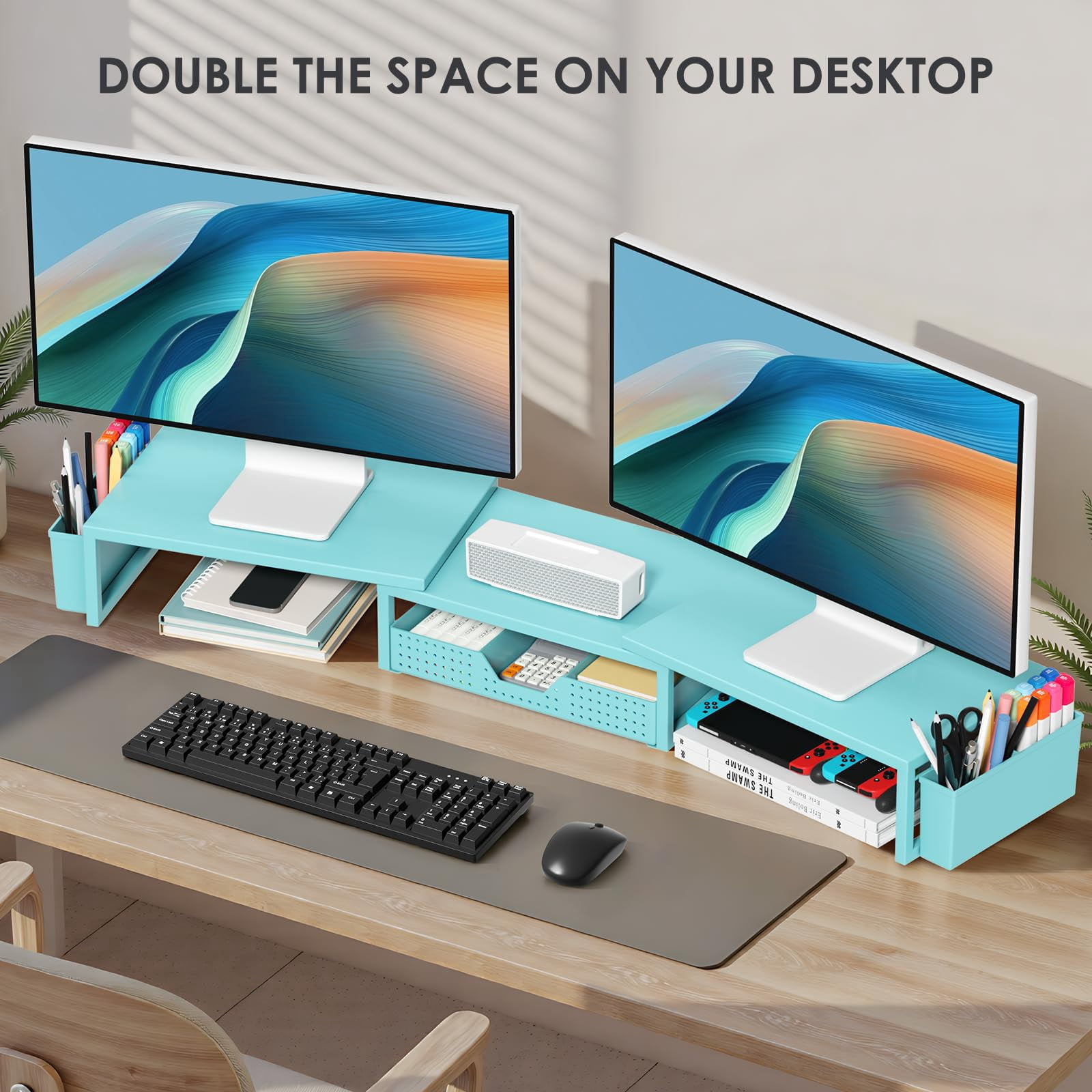 Desk Organizers And Accessories  Dual Monitor Stand Riser With Drawer 2 Pen Holders Shelf Metal Computer For Office Workspace Desktop Organization (blue Metal)
