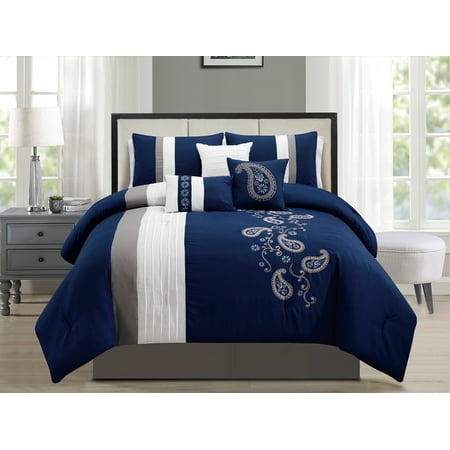 Woven Paisley Scroll - 7-Pc Aster Floral Paisley Scroll Embroidery Pleated Comforter Set Blue White Gray Queen