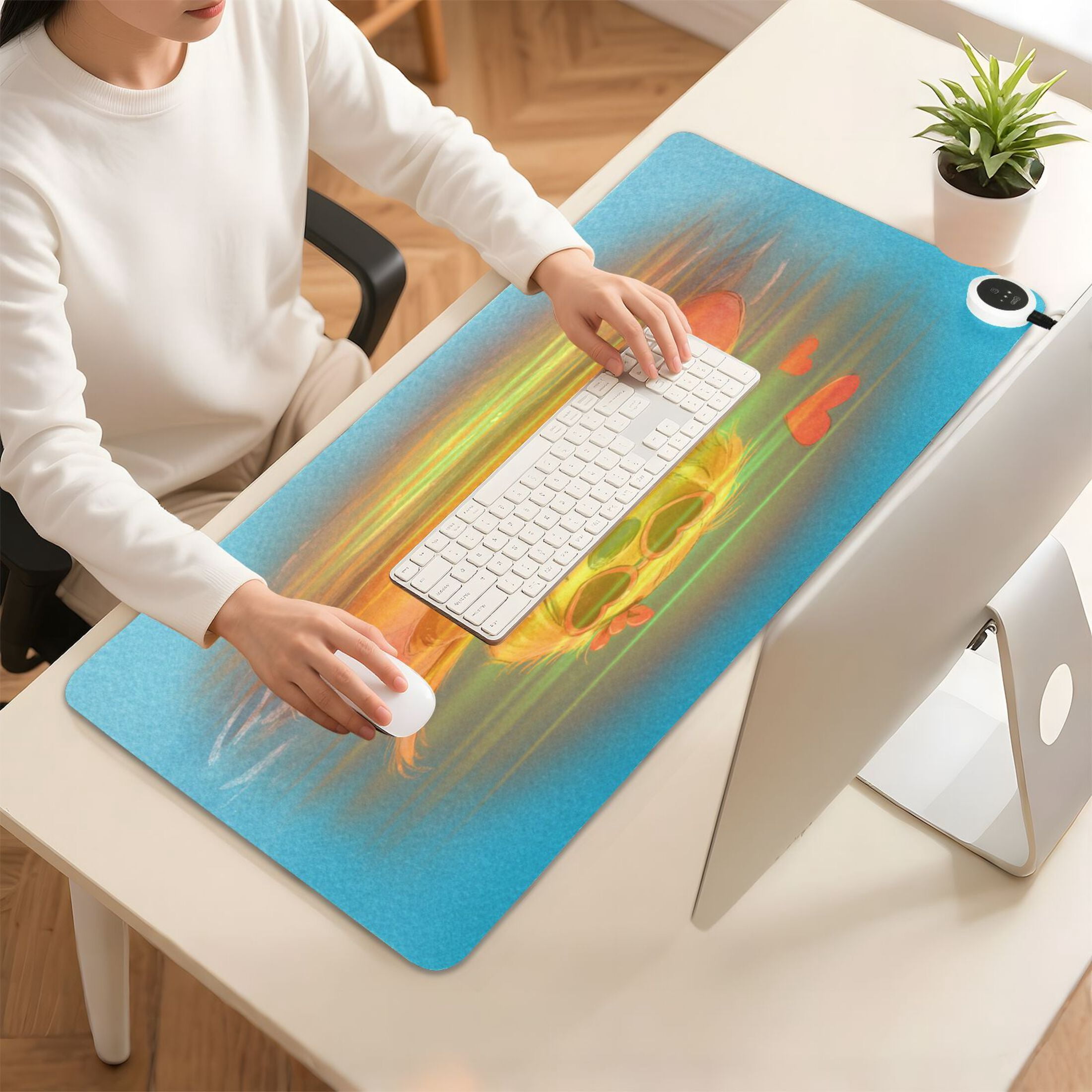 Large Heated Desk Mat Mouse Pad 31.5"x13"PU Leather Graphene Heating Desk Warmer with 3 Temperature Settings 110V US Plug Non-Slip Warm Pad for Home, Office, and Gaming Cheerful Watercolor Pool Pup