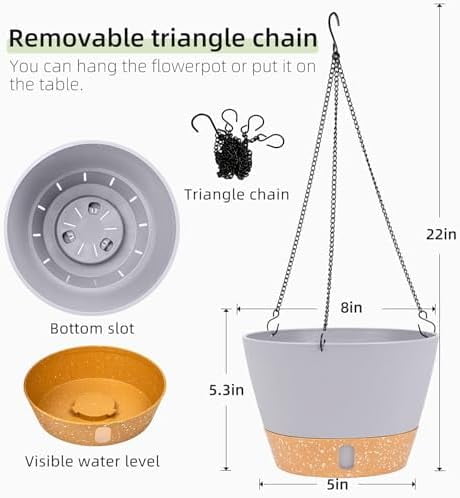 2 Pack Hanging Planters for Indoor Outdoor Plants, 8 Inch Hanging Baskets Flower Pots with Reservoir Tray & Visible Water-Level Light Grey,8 inch