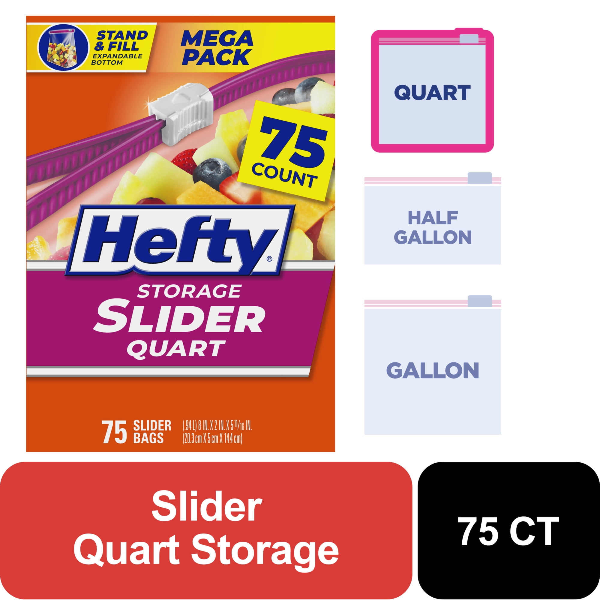 Hefty Slider Quart Storage Bags, 75 Count