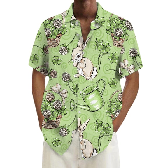 Casual Short Sleeve Button Down Shirt Men's Easter Digital 3D Print Top Green L