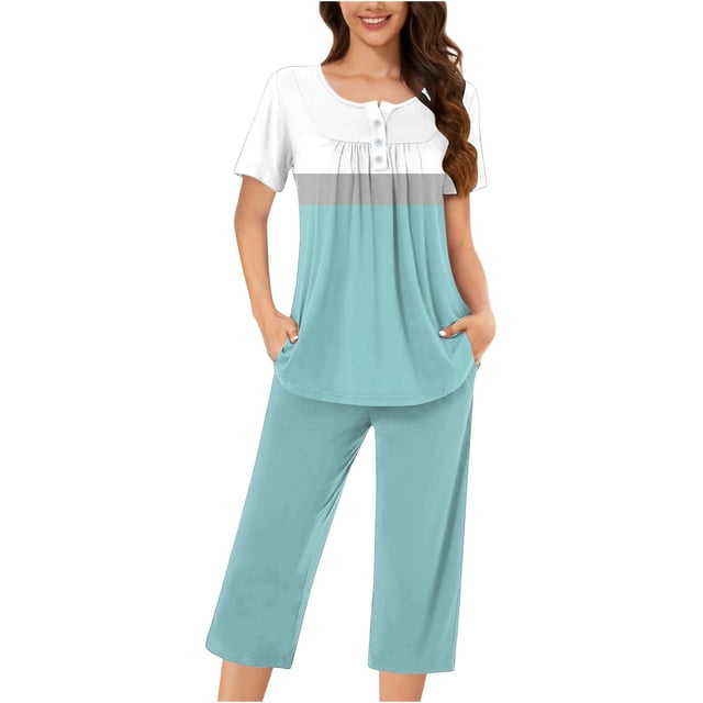 Aqestyerly Ensemble de Pyjama, Ensemble de Pyjama Décontracté pour Femmes avec Blouse à Manches Courtes et Col Rond et Pantalon à la Mode/bleu Clair(m)