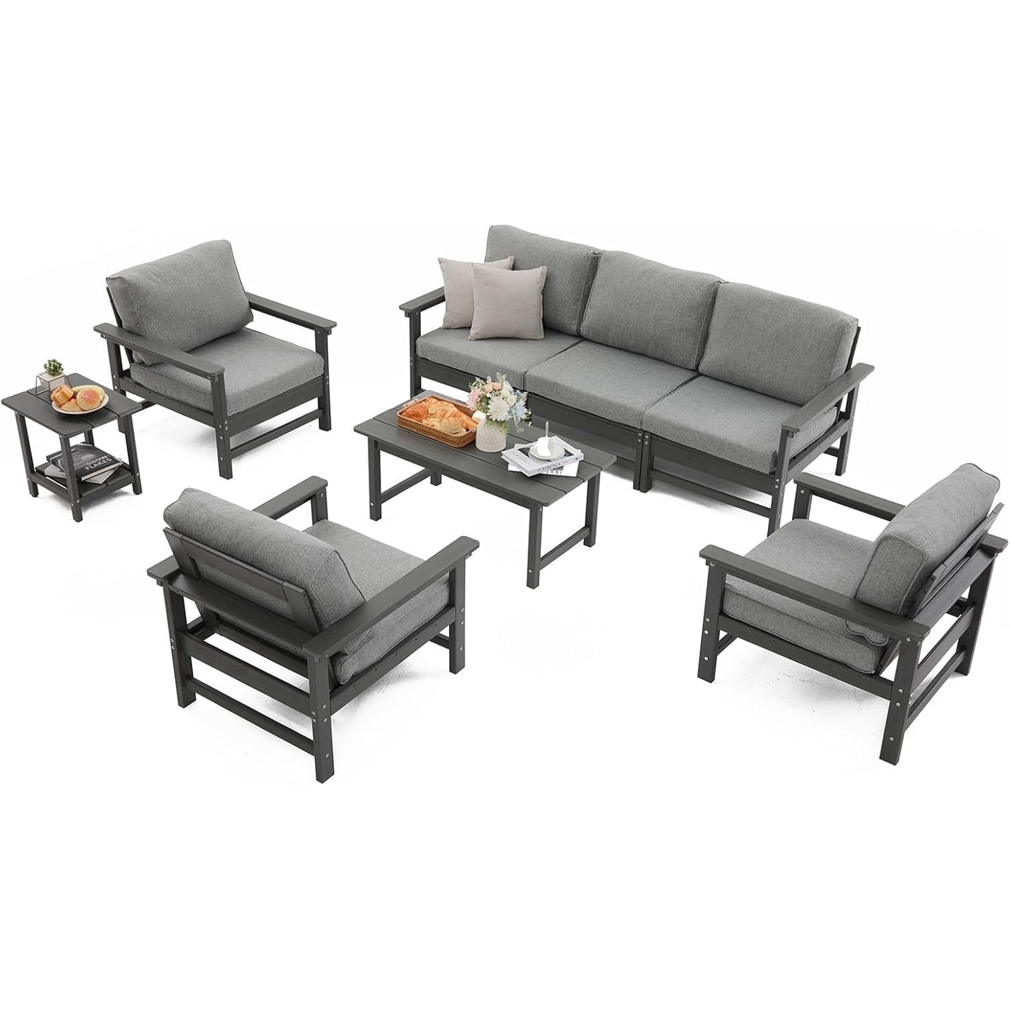HDPE All-Weather Patio Furniture Set, 8-Piece Outdoor Sofa with Cushions, Grey Frame, Coffee & Side Tables Included