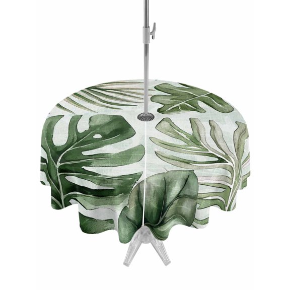 Outdoor Tablecloth with Umbrella Hole Zipper Green Monstera Deliciosa Round Tablecloth 54" Waterproof Outside Table Cloth Summer Botanical Tropical Patio Table Cover Tablecloths for Picnic Party