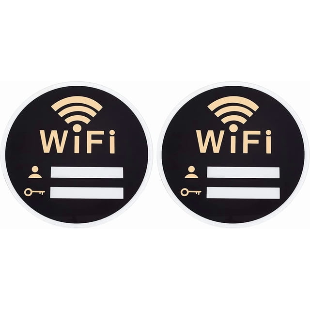 2 unidades de letreros redondos negros con contraseña WiFi, letreros de cobertura WiFi de acrílico, letreros de cobertura de red inalámbrica con adhesivo