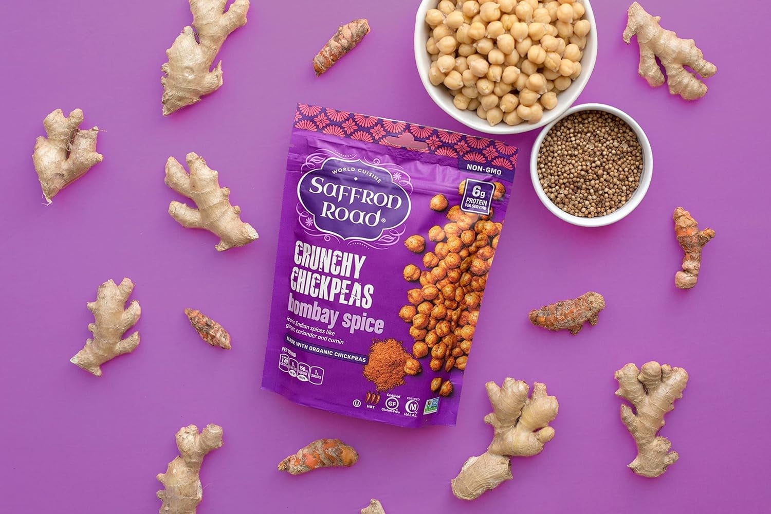 Saffron RoadOrganic Crunchy Chickpea Snacks-Gluten Free, Non-GMO, Kosher, Vegan (Bombay Spice, 5.4 oz (6 Pack))