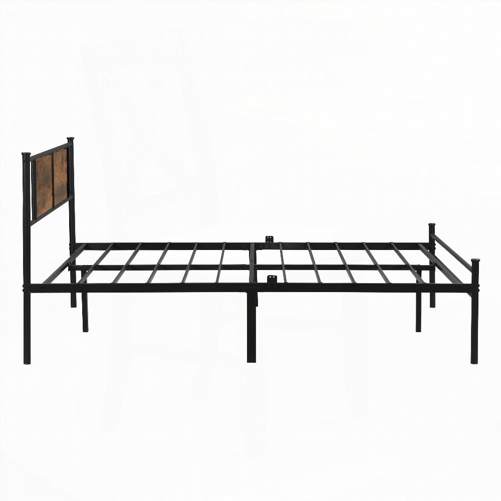 The black King Size metal bedframe with wood panel headboard provides under-bed storage and is easy to assemble. No box spring required.
