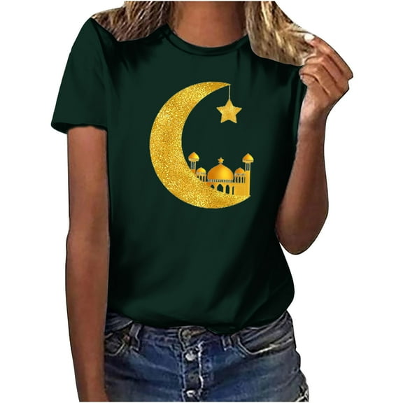 Penkiiy Muslim Ramadan T-Shirt for Women Women's Summer Moon Graphic Shirts Cute Boho Short Sleeve Round Neck Tee Girls Casual Loose Blouses L Green