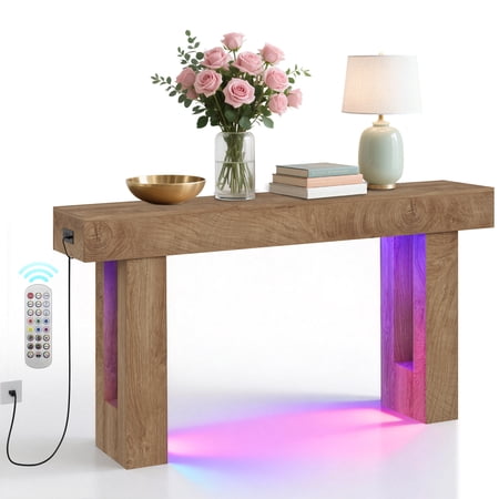 63" LED Console Table with Charging Station, Narrow Entryway Sofa Table with 2 AC Outlets & USB Ports, Rustic Sandalwood Hallway Accent with Mountain Grain