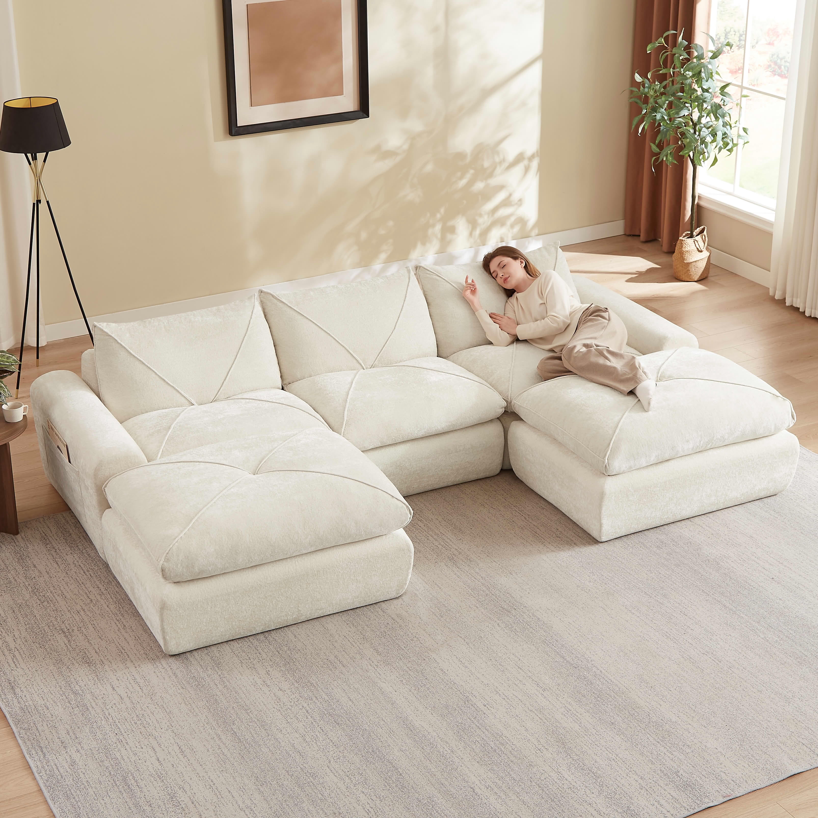 MAYEERTY 119" Cream Chenille U-Shaped Modular Sectional Sofa, Spring Support for Living Room Apartment