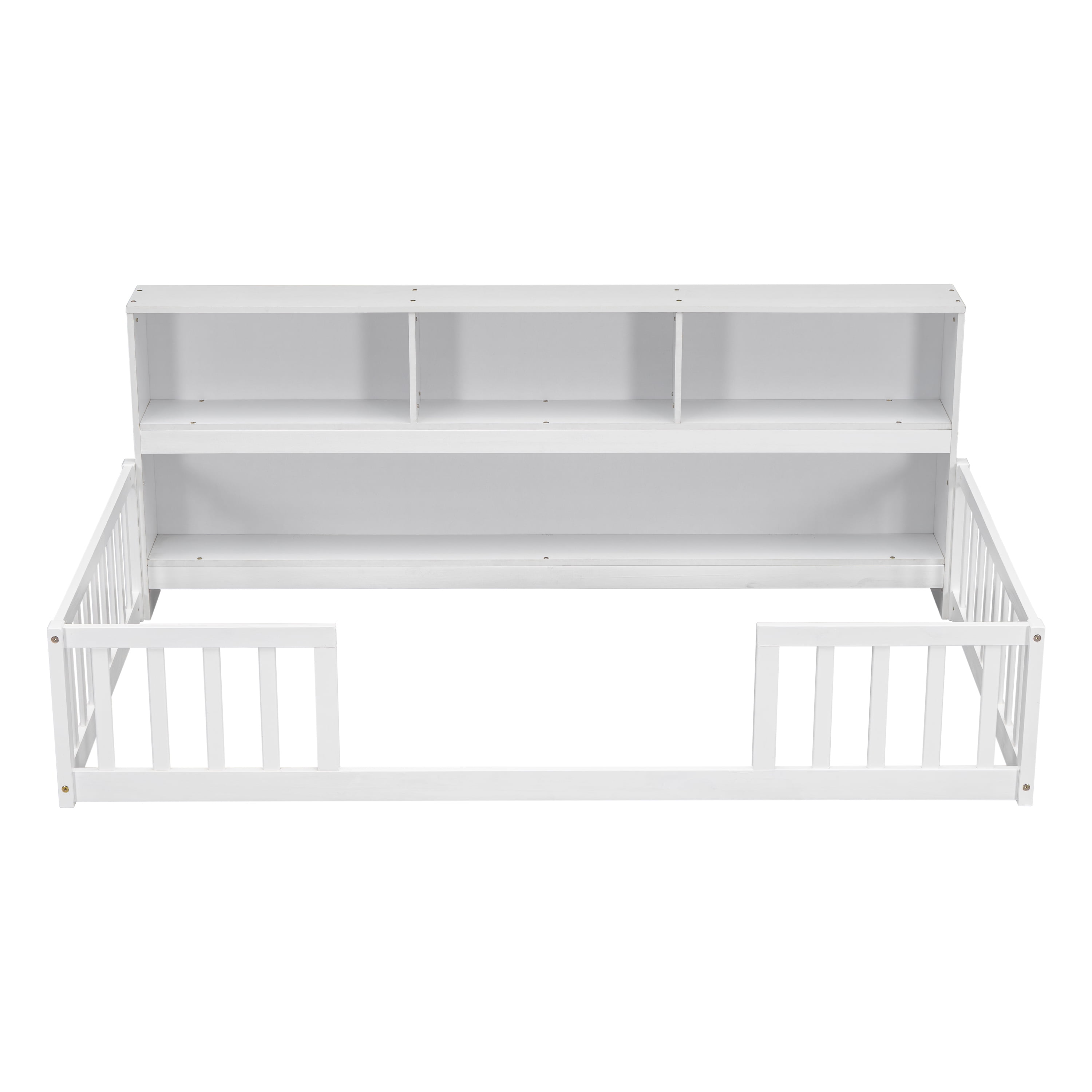 Miniyam Twin Floor Bed with Bookcase Shelves and Guardrails, Wood Low Profile Bed Frame, White