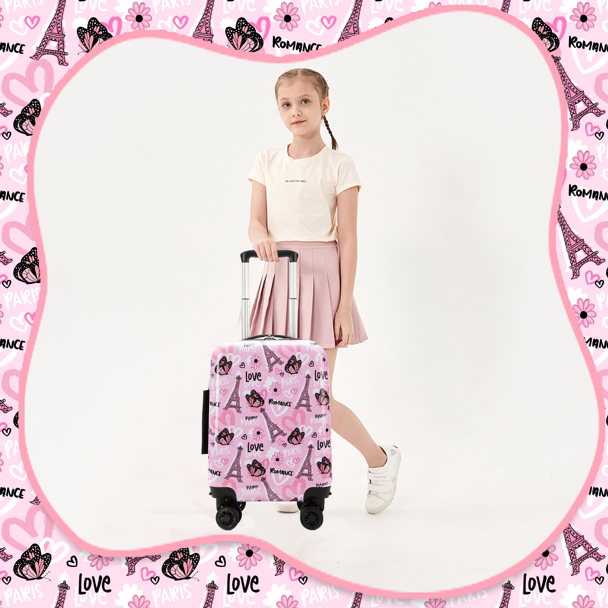 Cute Kids Luggage Sets with Neck Pillow Airplane Small Hardshell Suitcases for Girls with Wheels Pink Suitcase Toddler Travel Essential