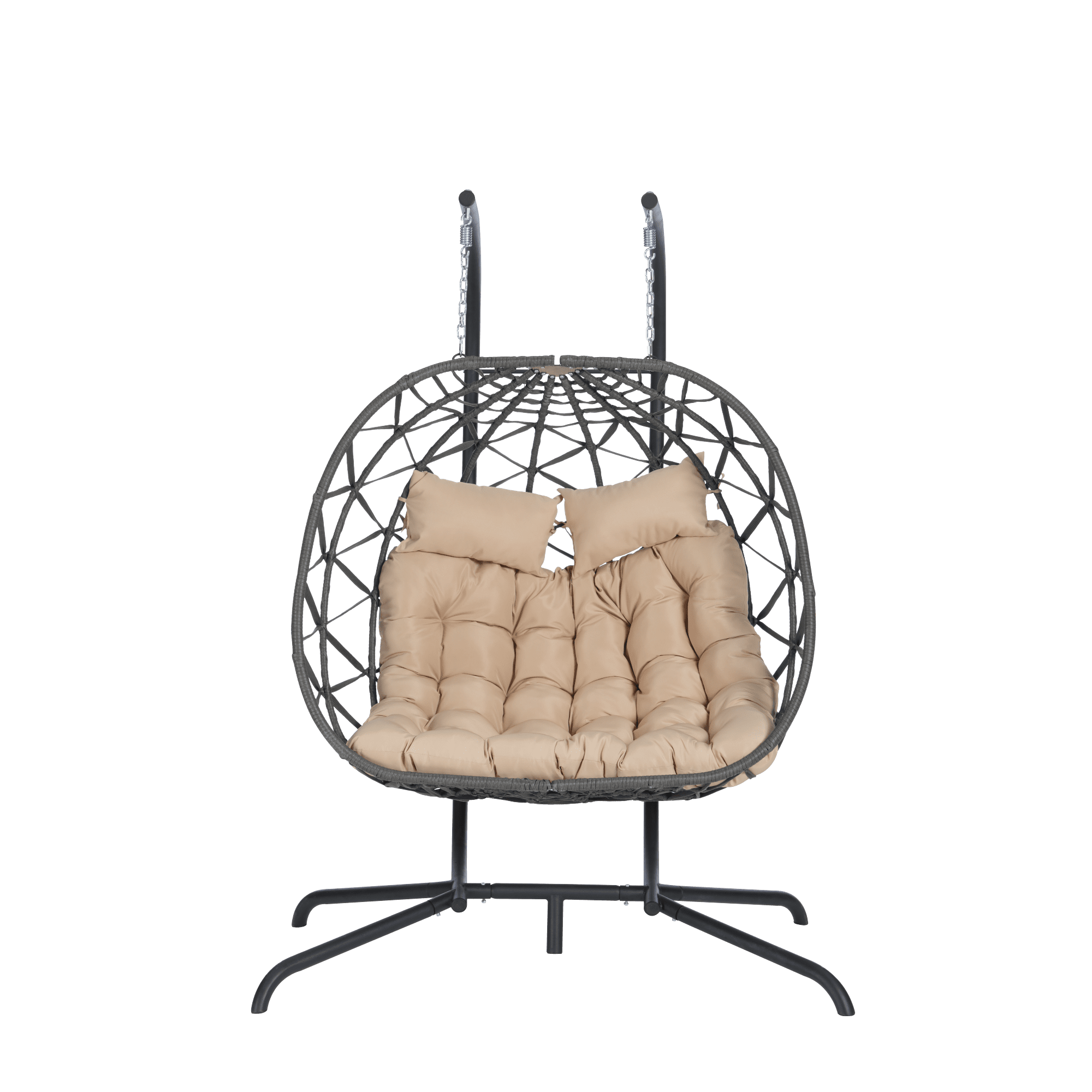 Leumius Double Egg Chair with Stand,Indoor Outdoor Wicker Swing Egg Hanging Chair with UV Resistant Cushions for Patio,Balcony,Porch,600 lbs,Khaki