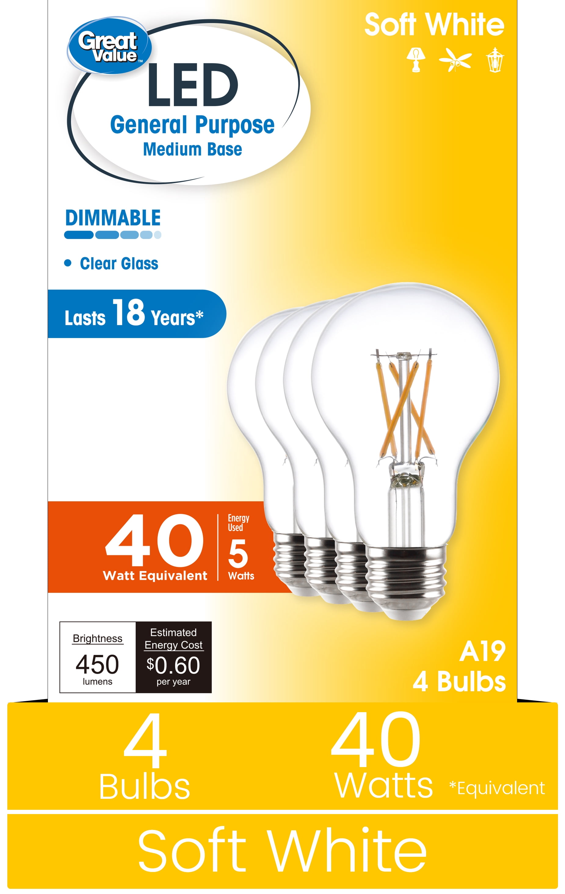 (2 pack) Great Value 18YR A19 LED Light Bulb, 5W (40W Equivalent) Soft White Dimmable E26 Medium Base (4 Pack)