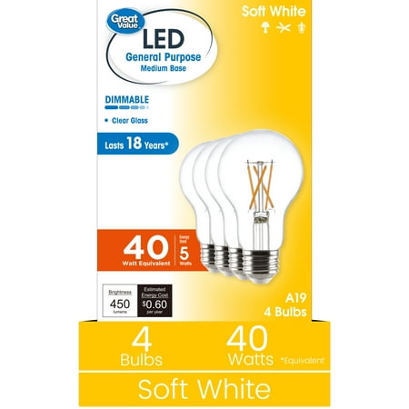 Great Value 18YR A19 LED Light Bulb, 5W (40W Equivalent) Soft White Dimmable E26 Medium Base (4 Pack)