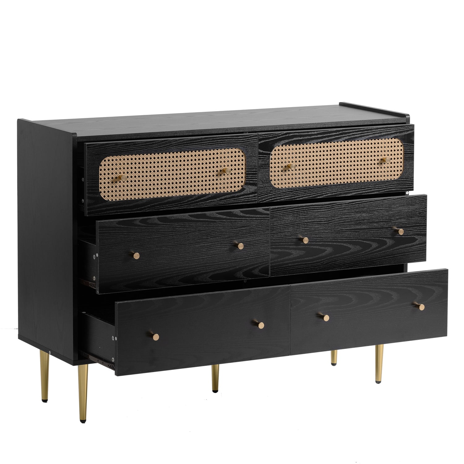 Kadyn 6 Drawer Dresser, Chest of Drawers with Metal legs, Rattan Nursery Dresser for Home Office, Black Kadyn 6 Drawer Dresser, Chest of Drawers with Metal legs, Rattan Nursery Dresser for Home Office, Black