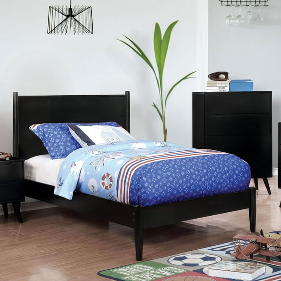 Transitional Mid-Century Modern 1pc Twin Size Bed Platform Style Bedframe Slats Black Color Solid wood Tapered Legs Bedroom