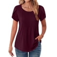 thumbnail image 1 of Liquidation! Uooqdmx Hauts Plissés pour Femmes, Chemises à Manches Courtes pour Femmes, T-Shirt Uni pour Femmes, Blouse Décontractée à Col Rond, Hauts à Volants pour Femmes, Vin G, 1 of 7
