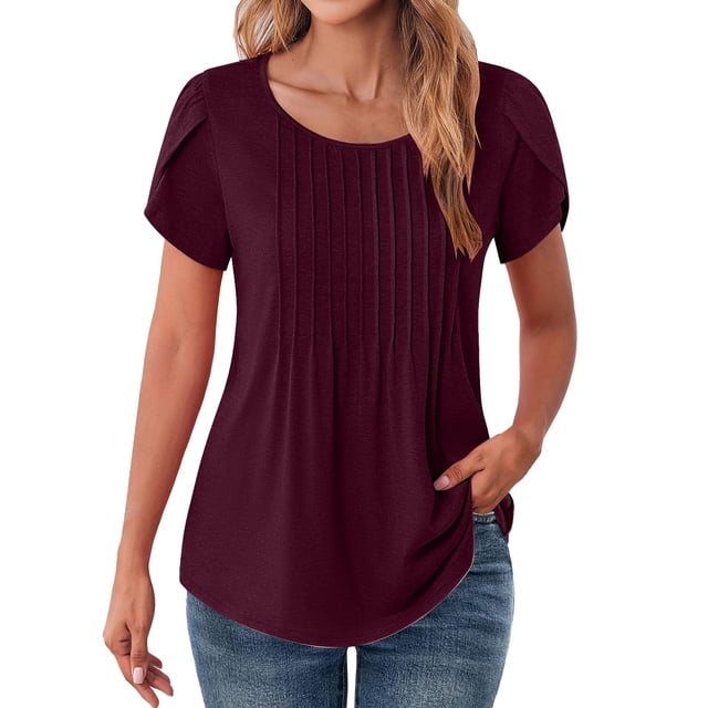 Liquidation! Uooqdmx Hauts Plissés pour Femmes, Chemises à Manches Courtes pour Femmes, T-Shirt Uni pour Femmes, Blouse Décontractée à Col Rond, Hauts à Volants pour Femmes, Vin G
