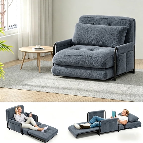 Mr IRONSTONE Convertible Chair Bed, Foldable Lazy Sofa Sleeper Chair with Metal Frame and Armrests, 5-Position Adjustable Lounge Chair with Side Pockets, Grey