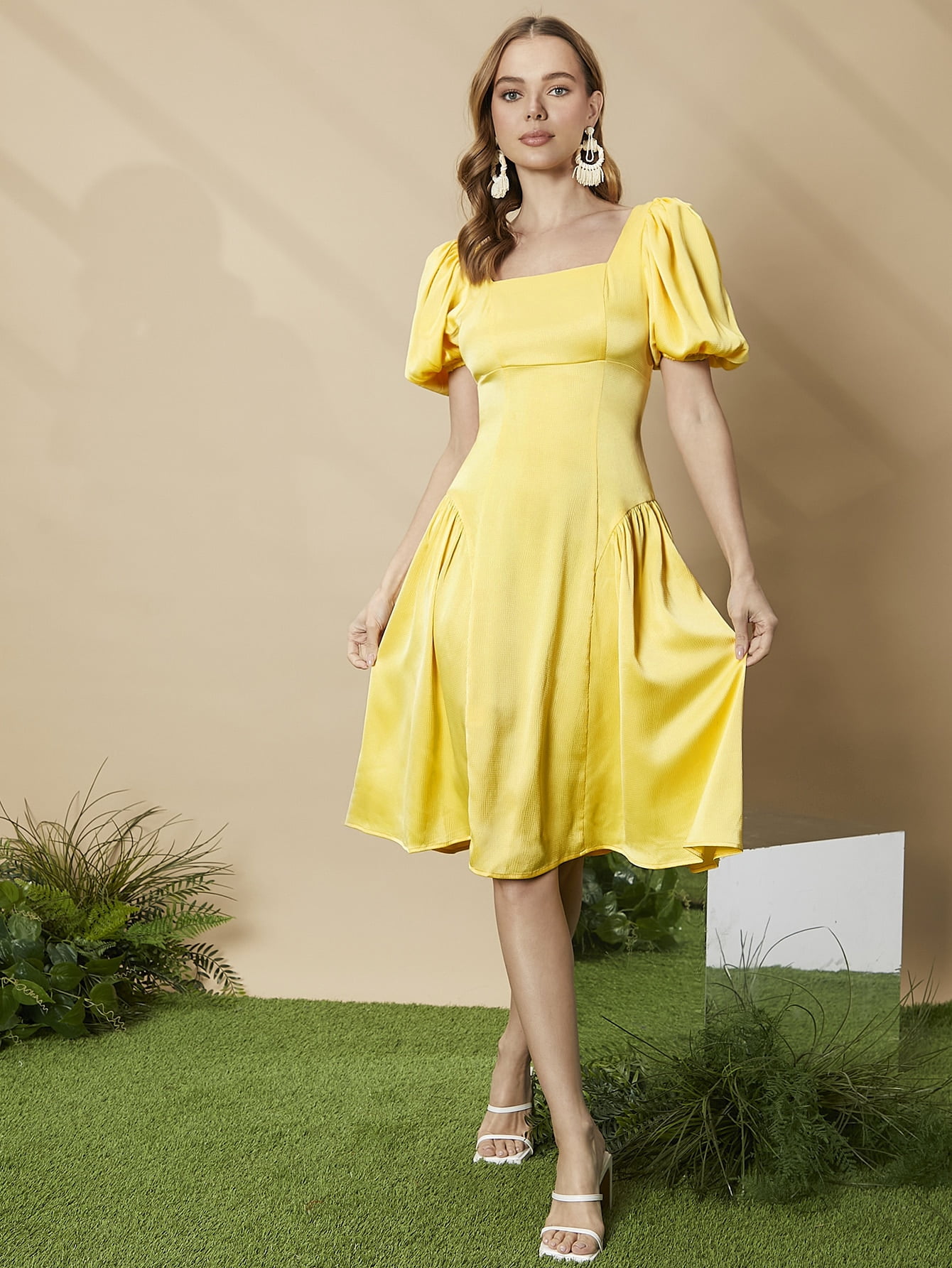 Puff Sleeve Satin Dress S001X Elegant 