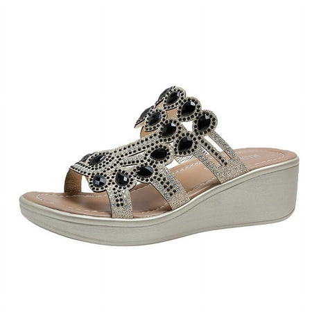 

HOLXI 2024 Wedge Sandals for Women Dressy Summer Rhinestone Glitter Open Toe Casual Wedge Heels Cutout Sandals Comfy Cute Beach Shoes