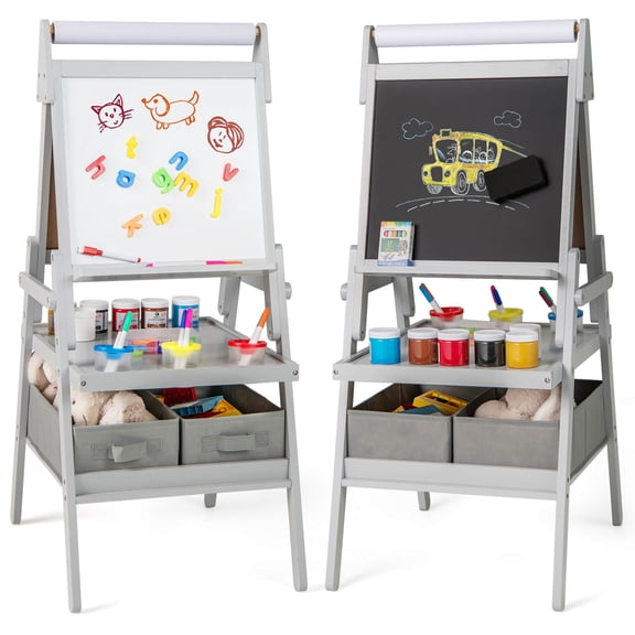 Costway 3-in-1 Art Easel for Kids with Magnetic Chalkboard & Whiteboard Paper Roll Gray