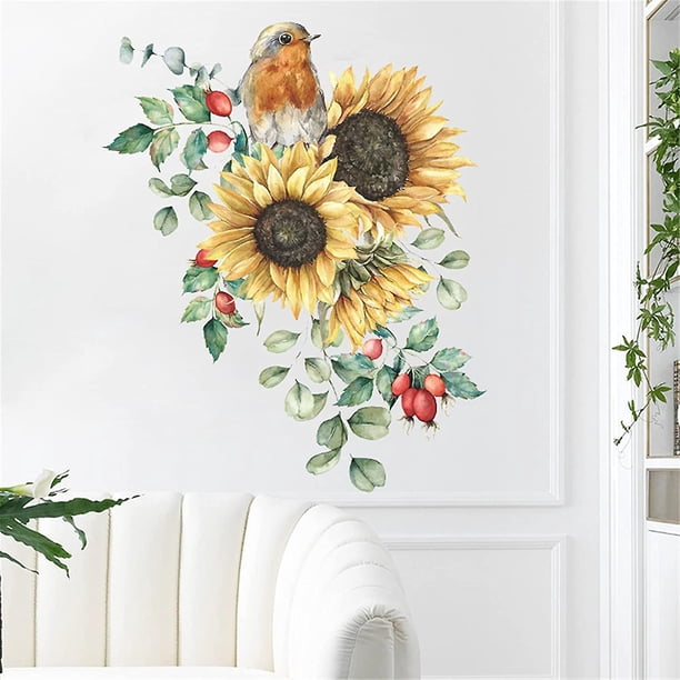 Sunflower Bird Calcomanías de pared de pájaros de girasol, pegatinas de pared de flores de colibrí para jardín, dormitorio, sala de estar, TV, arte de pared, decoración de refrige