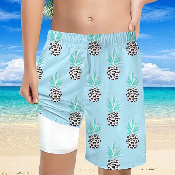 FUZHIQ Boys Swim Pineapple Print Trunks With Compression Liner Boy Bathing Suit Quick Dry Beach Swimsuit Toddler Swim Shorts,5-6 Years
