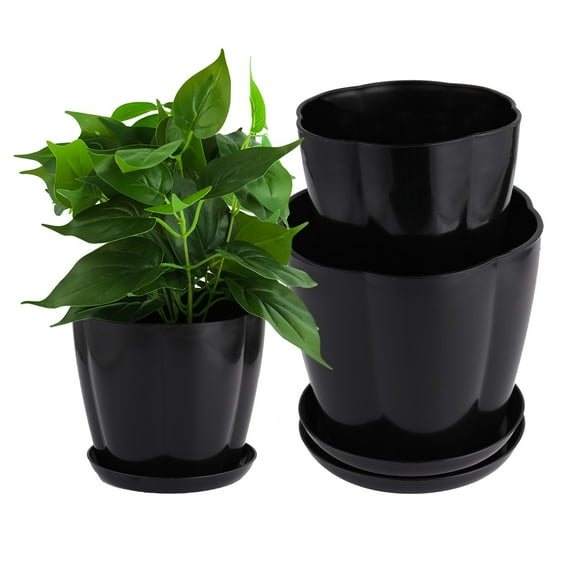 Tutuviw 3 Size Plastic Plant Flower Pot, Indoor Flower Seedlings Nursery Pot with Pallet Planting Gardening Container with Drainage Hole and Tray, Black