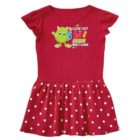 

Inktastic Look out 1st Grade Here I Come with Cute Green Monster Gift Toddler Girl Dress